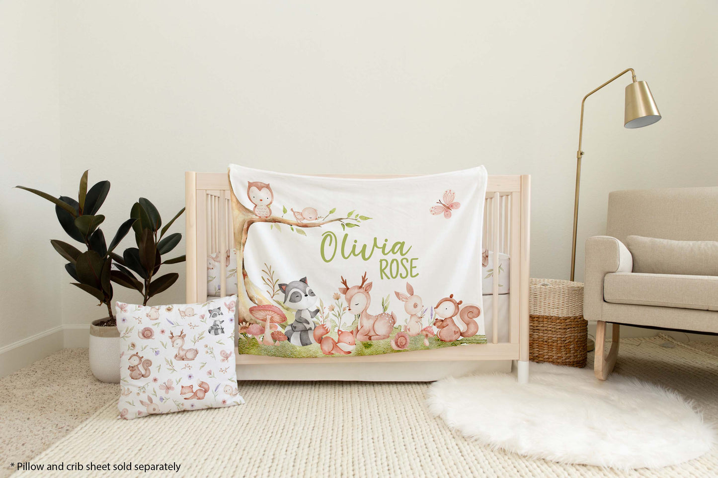 Personalized woodland animals baby blanket, Forest Nursery bedding - Baby Woodland