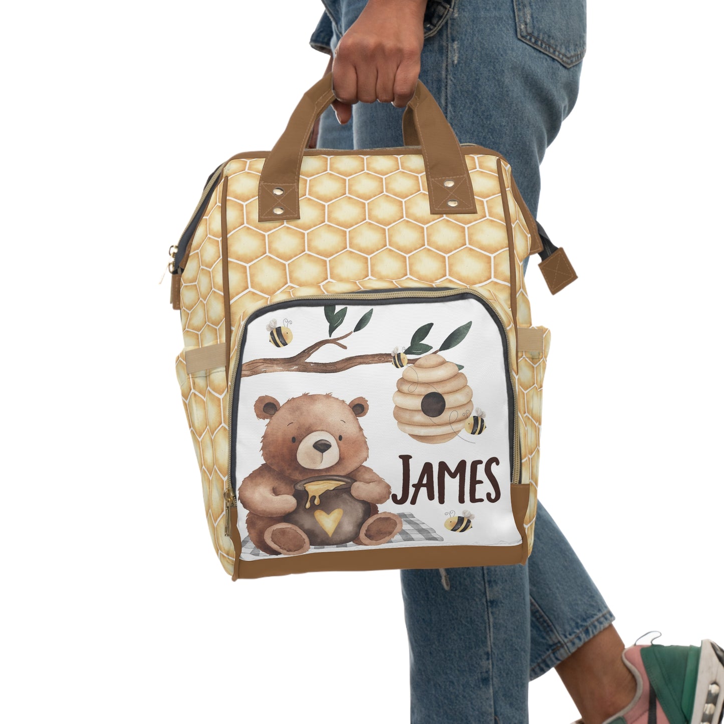 Personalized bear diaper bag | Honeycomb baby backpack