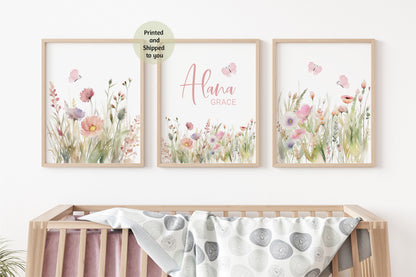 Personalized name Wildflowers Wall Art, Boho floral Nursery Decor Set of 3 Unframed Prints