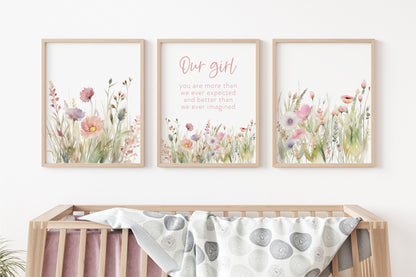 Wildflowers Wall Art, Boho floral Nursery Decor Set of 3 Unframed Prints