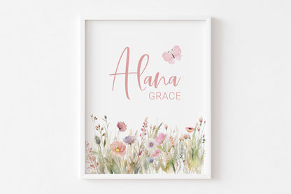 Personalized Name Wildflower Wall Art, Boho Floral Nursery Print Unframed