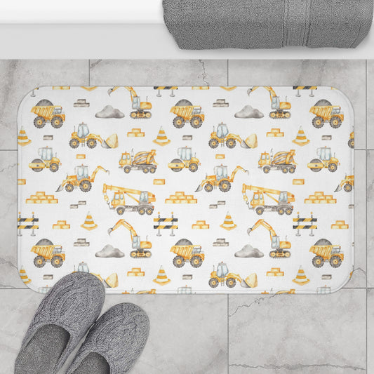 Construction Bath Mat, Anti-Slip backing, Construction trucks kids bathroom decor - Under construction