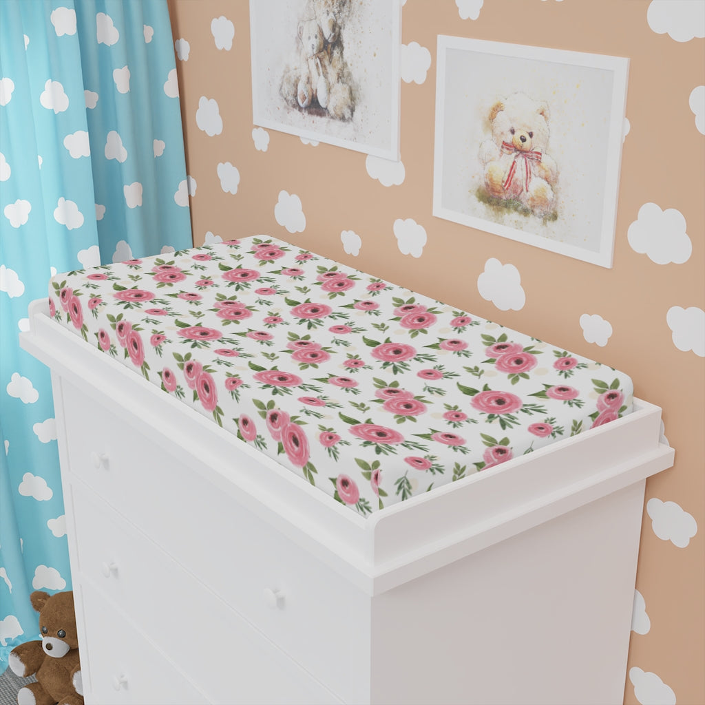 Floral Pink Changing Pad Cover, Pink Roses Nursery Bedding - Beary Pink