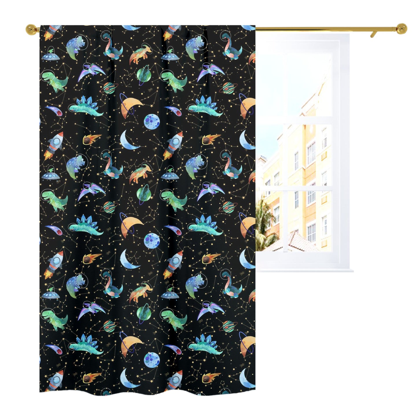 Dino Space Curtain single panel, Planets Nursery Decor