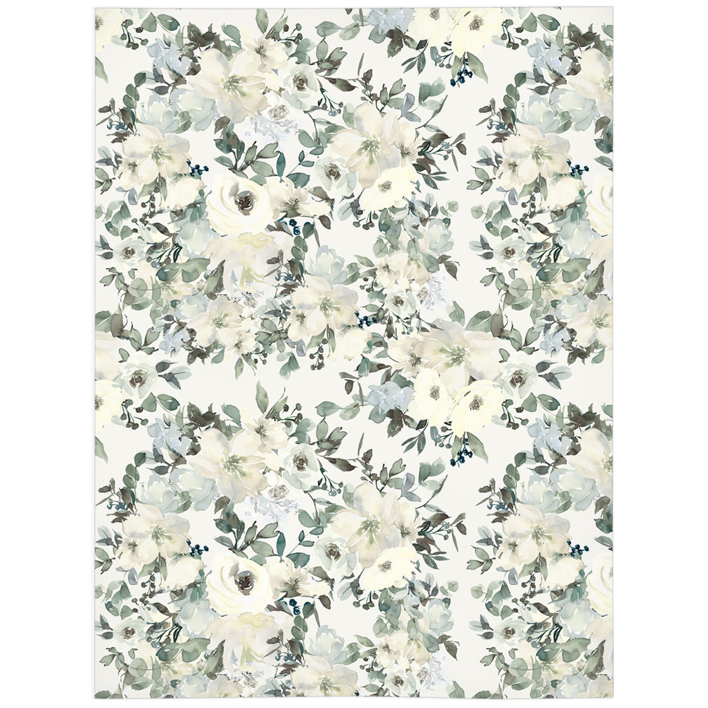 White Floral Minky Blanket, Girl Bedding - Ivory Florals