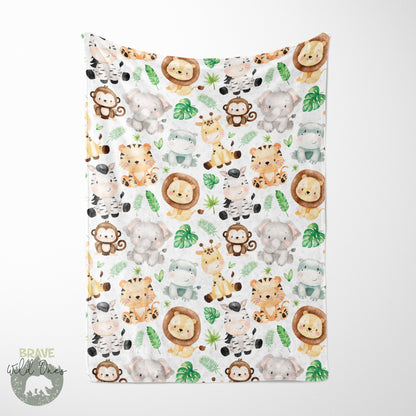 Safari Animals Minky Blanket, Jungle Nursery Bedding - Safari Explorer