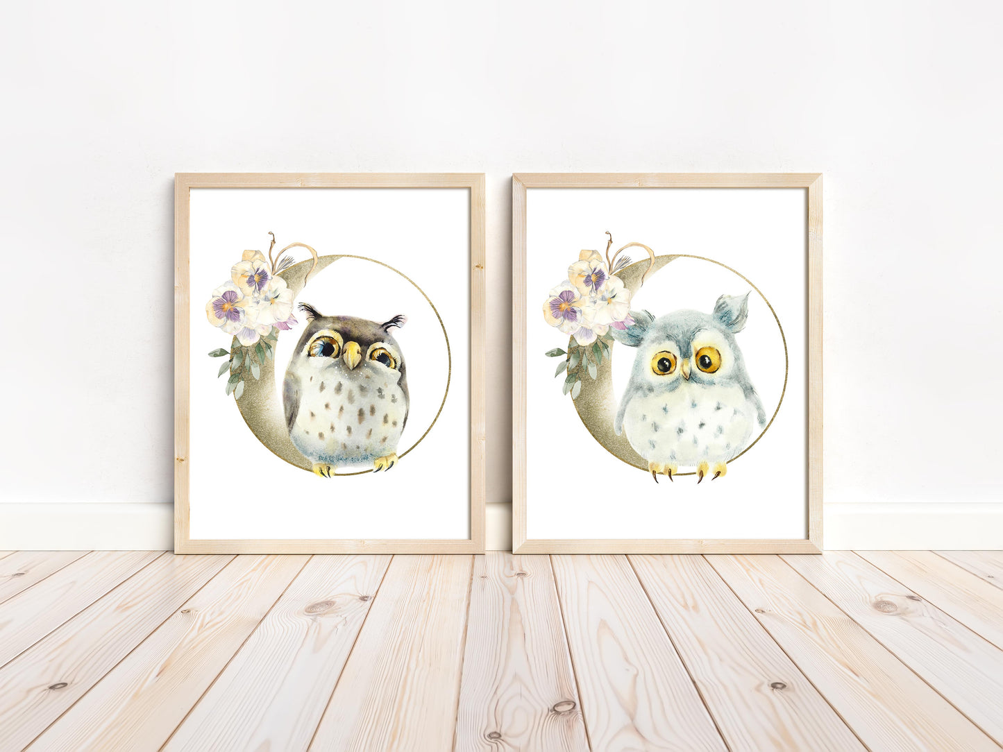 PRINTABLE Floral Owl Wall Art, Owl Nursery Print set of 2