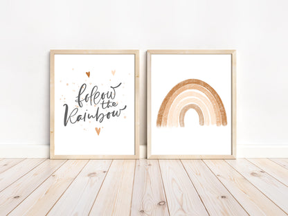 Set of 2 PRINTABLE Follow the Rainbow Wall Art, Rainbow Nursery Prints - Earthy Rainbow