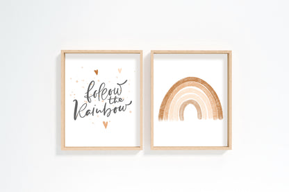 Set of 2 PRINTABLE Follow the Rainbow Wall Art, Rainbow Nursery Prints - Earthy Rainbow