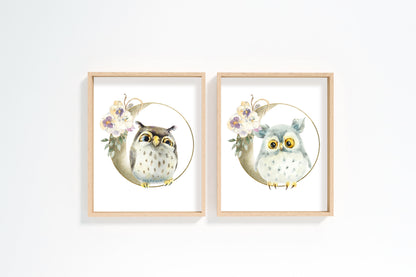 PRINTABLE Floral Owl Wall Art, Owl Nursery Print set of 2