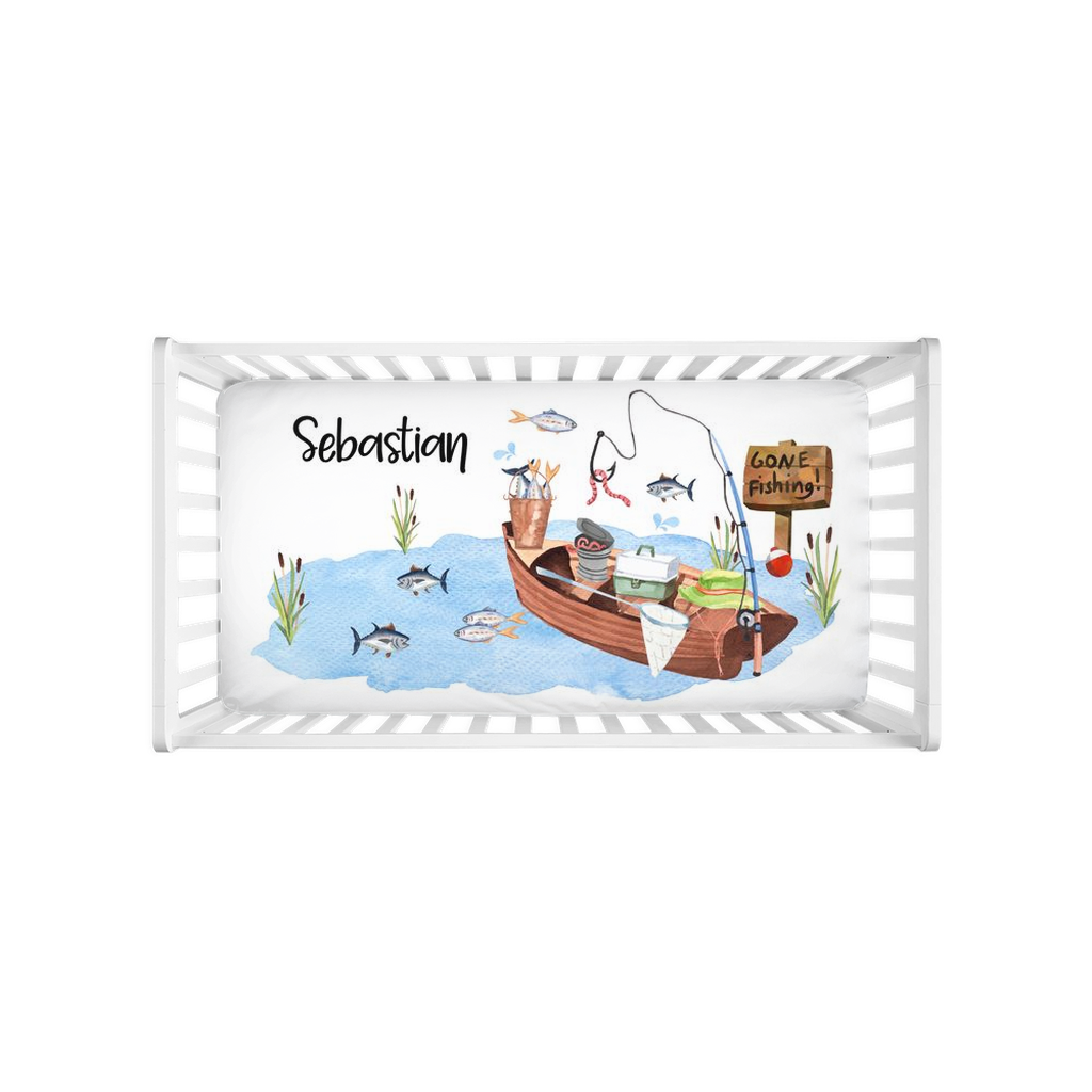 Fishing Personalized Crib Sheet, Fishing Nursery Bedding - Little Fisherman