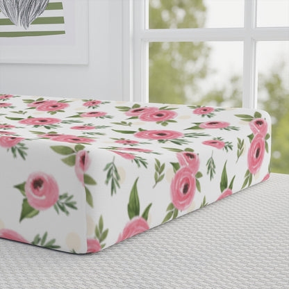 Floral Pink Changing Pad Cover, Pink Roses Nursery Bedding - Beary Pink