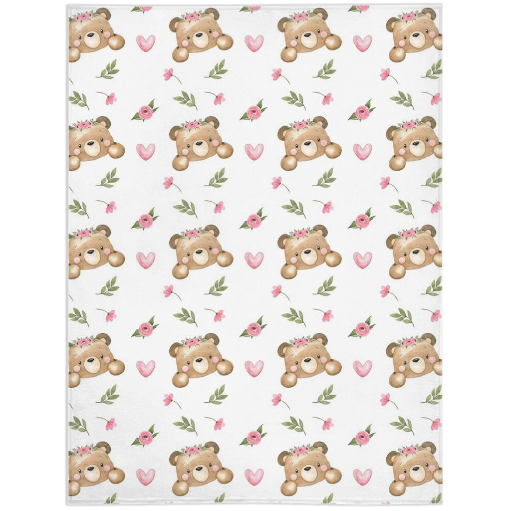 Floral Bear Minky Blanket - Girl Bear Nursery Bedding - Beary Pink