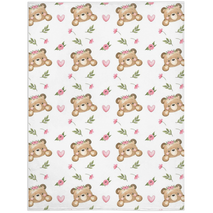 Floral Bear Minky Blanket - Girl Bear Nursery Bedding - Beary Pink