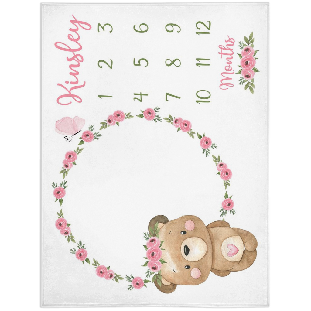 Personalized Floral Bear Milestone Blanket, Girl Woodland Blanket - Beary Pink