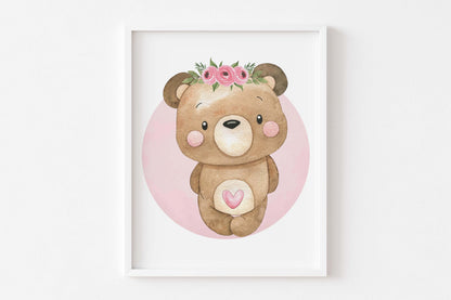 Floral Bear Wall Art, Girl Bear Nursery Prints set of 3 - Beary Pink