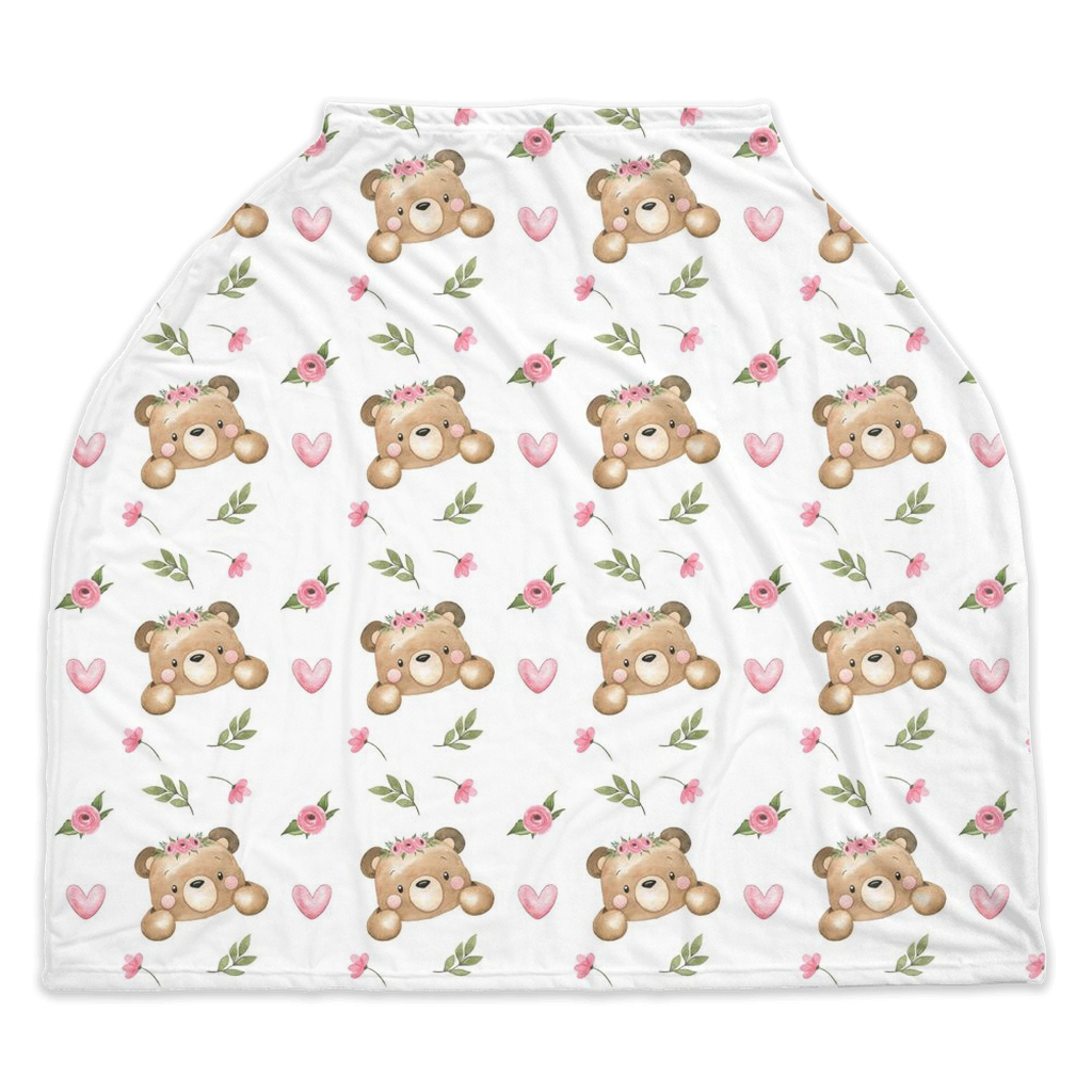 Floral Bear Car Seat Cover. Girl Woodland Nursing Cover - Beary Pink