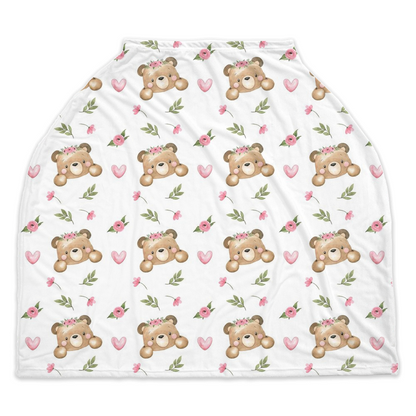 Floral Bear Car Seat Cover. Girl Woodland Nursing Cover - Beary Pink