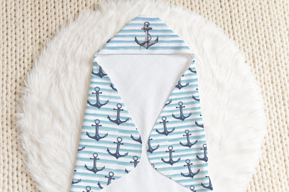 Striped Anchor Baby Towel, Nautical Baby Boy Towel -  Nautical Blue