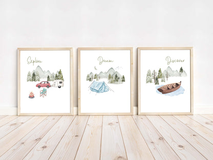 Explore Wall Art, Camping Nursery Prints set of 3