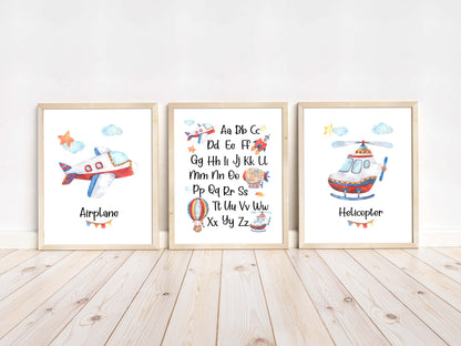 Transportation Abc Wall Art, Airplanes Nursery Prints set of 3