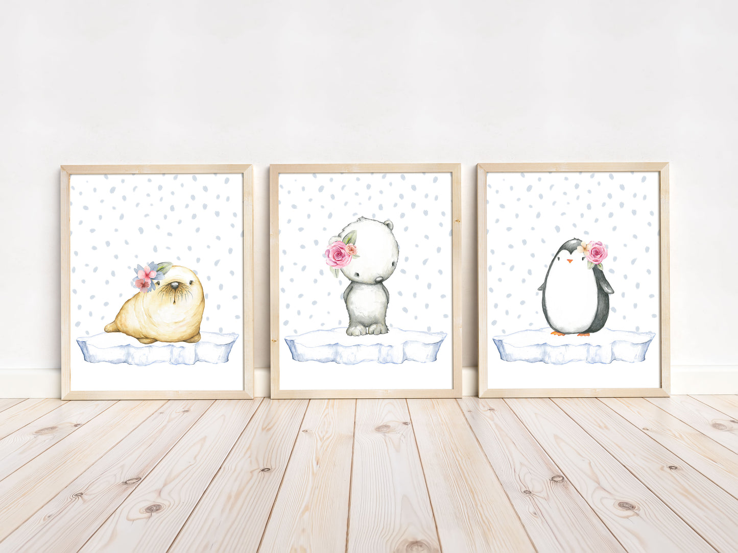 Girl Arctic Wall Art, Floral Arctic Animals Nursery Prints - Set of 3 DIGITAL DOWNLOAD