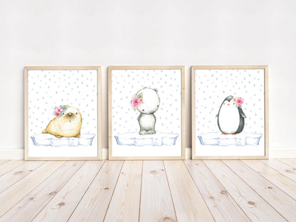 Girl Arctic Wall Art, Floral Arctic Animals Nursery Prints - Set of 3 DIGITAL DOWNLOAD