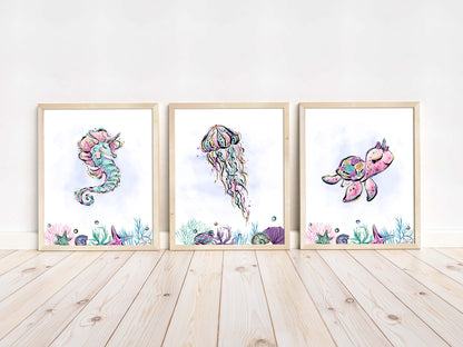 Girl Under The Sea Nursery Prints | Girl Ocean Wall Art Set of 3 - Mermaid World