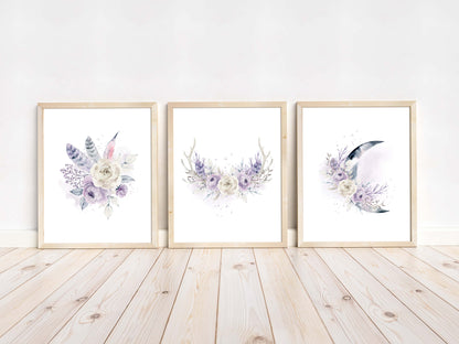 Floral Boho Wall Art, Bohemian Nursery Prints set of 3