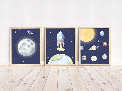 Ouer space Wall Art, Space Nursery Prints set of 3 - Outer Space