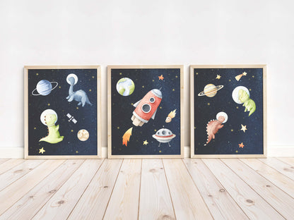 Space Wall Art, Dinosaur Nursery Prints set of 3