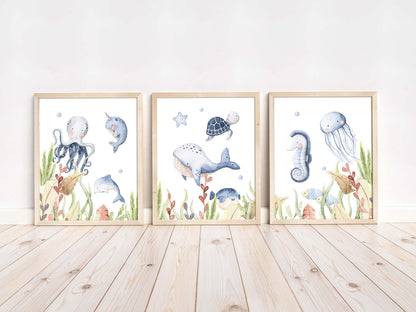 Under the sea Wall Art, Ocean animals Nursery Prints set of 3 - Little Ocean