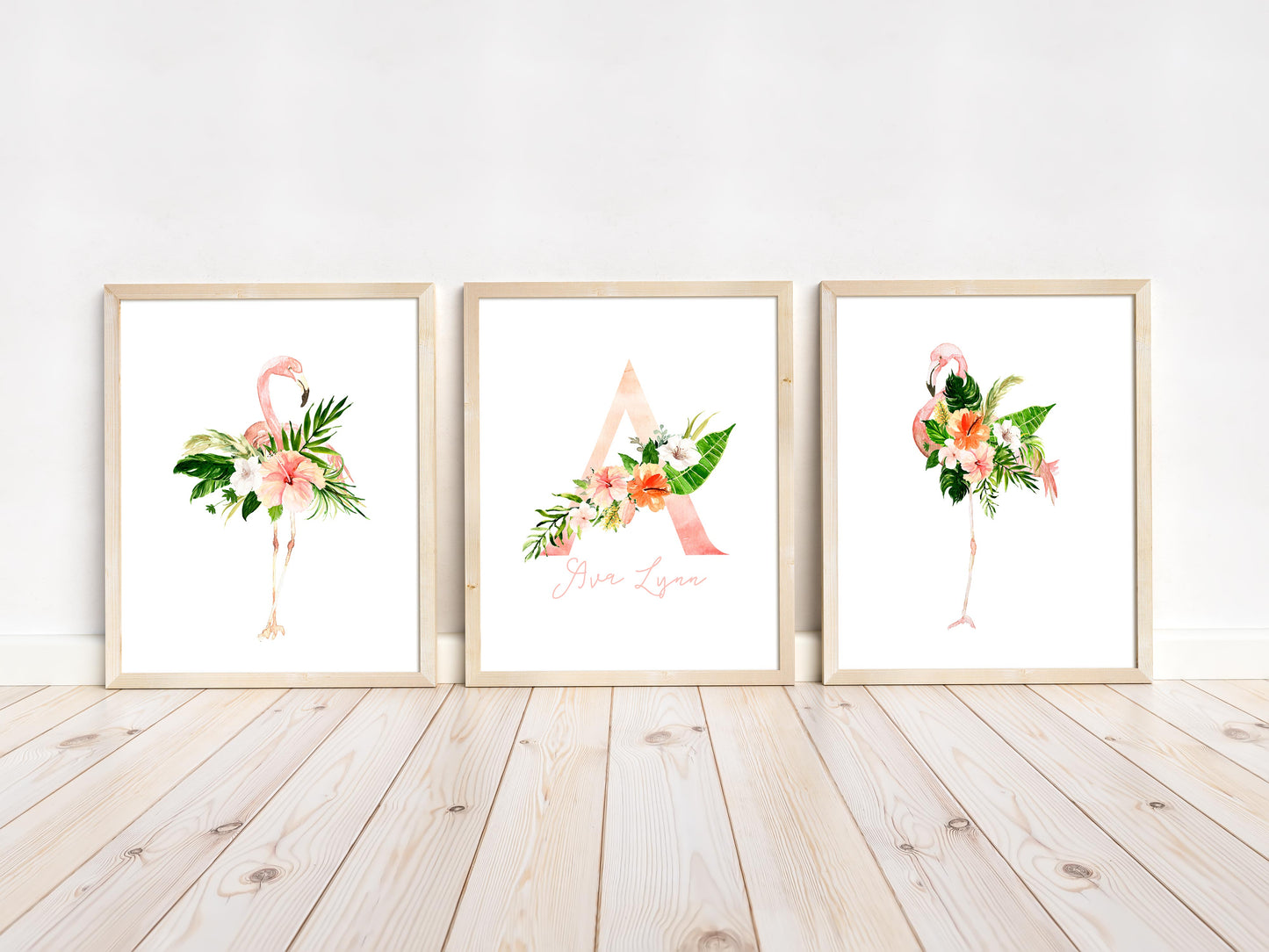 Personalized Flamingo Wall Art, Girl Nursery Decor - Set of 3 Unframed Prints