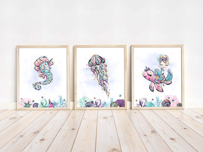 Mermaid Nursery Prints, Under The Sea Wall Art Set of 3 - Mermaid World