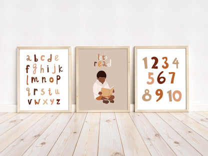 Modern Alphabet and Numbers Wall Art, Educational Nursery Prints set of 3