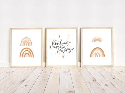 Set of 3 PRINTABLE Rainbow Wall Art, Rainbows make me happy Nursery Prints - Earthy Rainbow