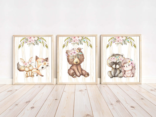 Girl Woodland Animals Wall Art, Forest Nursery Prints set - Forest Friends