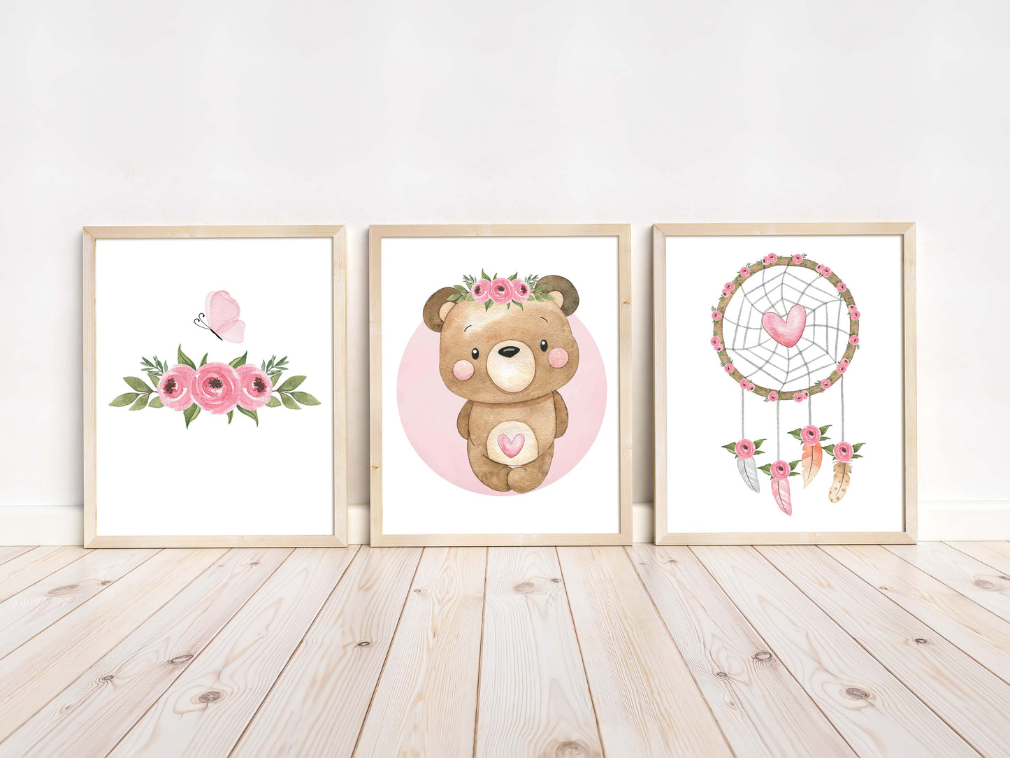 Floral Bear Wall Art, Girl Bear Nursery Prints set of 3 - Beary Pink