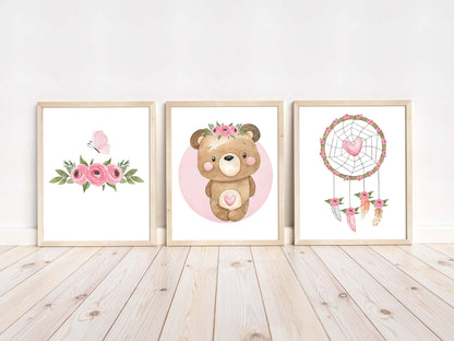 Floral Bear Wall Art, Girl Bear Nursery Prints set of 3 - Beary Pink