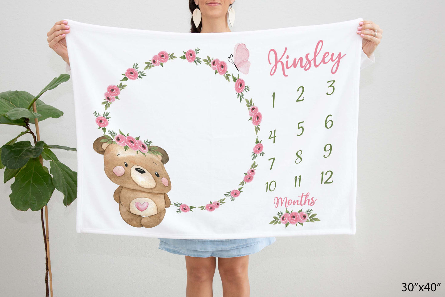 Personalized Floral Bear Milestone Blanket, Girl Woodland Blanket - Beary Pink