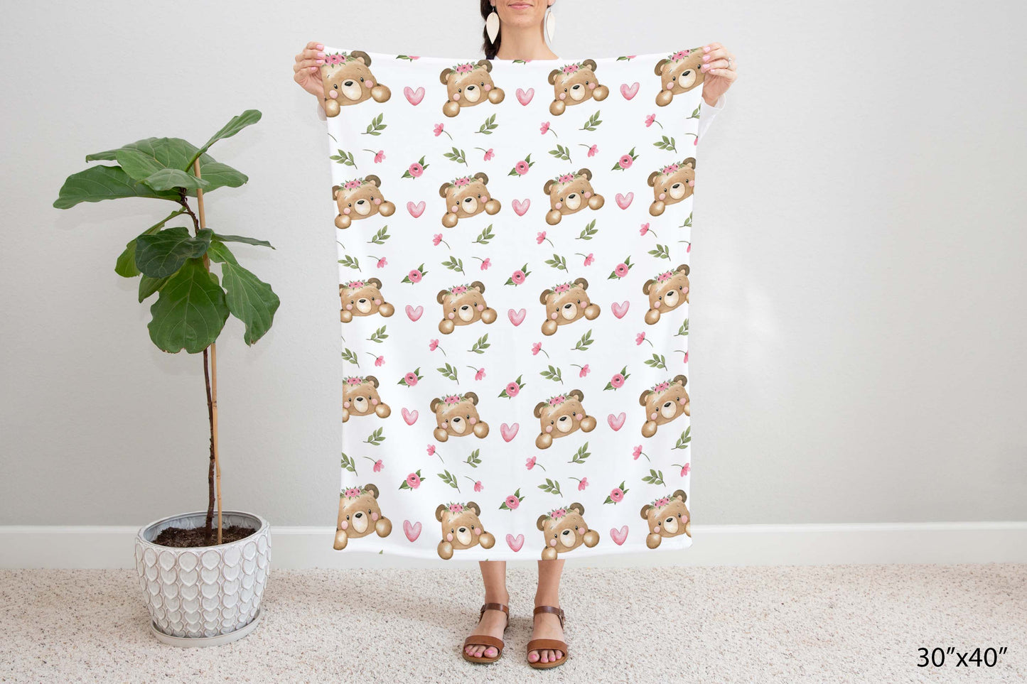 Floral Bear Minky Blanket - Girl Bear Nursery Bedding - Beary Pink