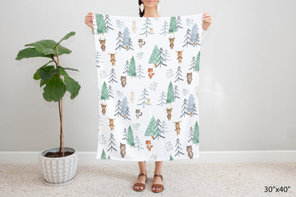 Scandinavian Forest Animals Minky Blanket, Woodland Nursery Bedding - Scandi Woodland