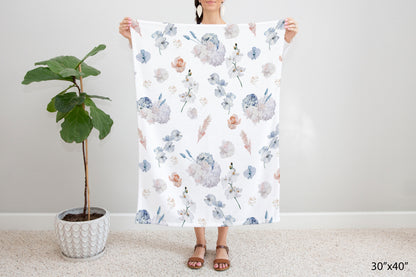 Coral and Dusty Blue Flowers Minky Blanket, Floral Nursery Bedding - Delicate Breeze