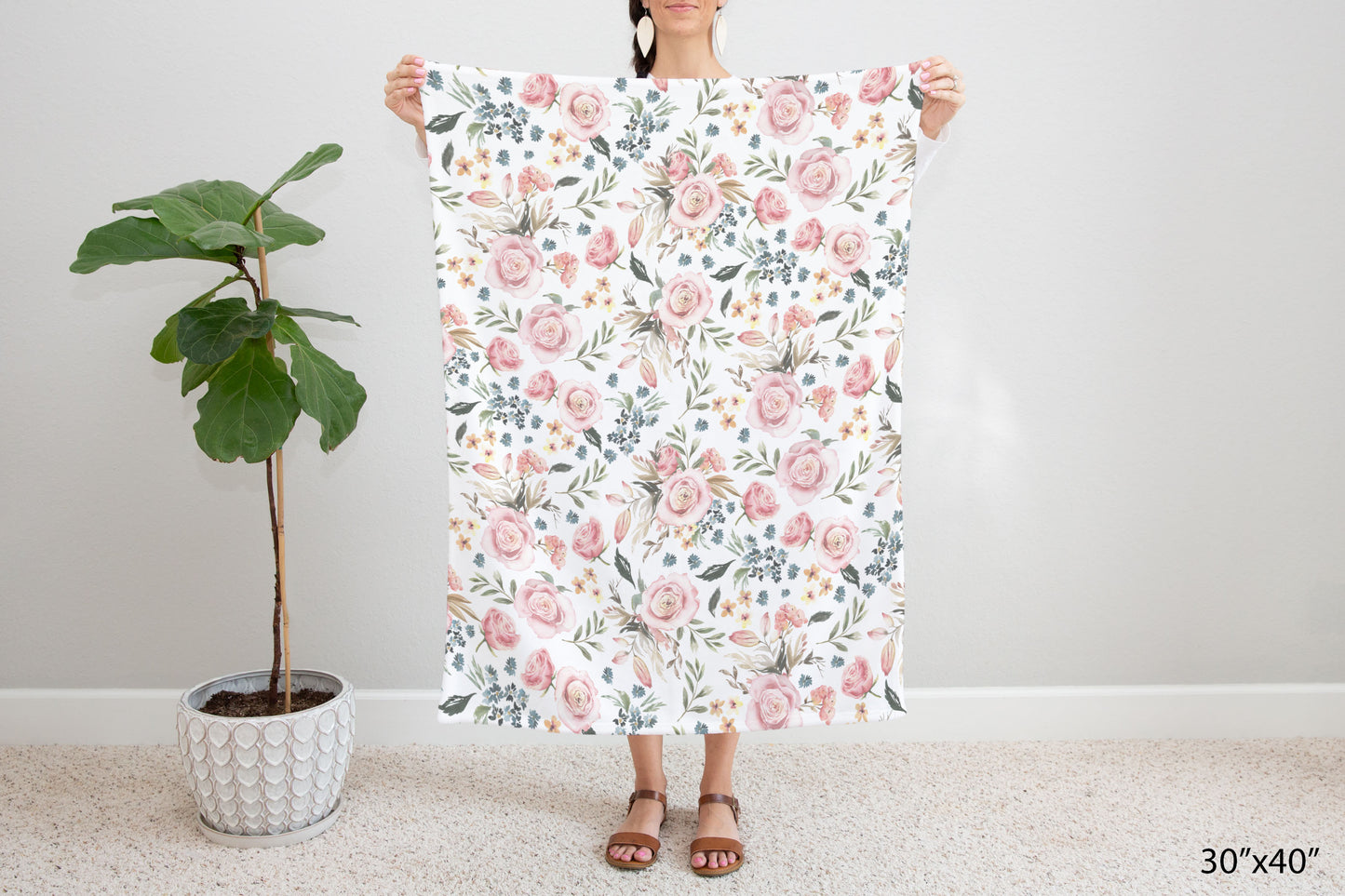 Blush Pink Roses Minky Blanket, Watercolor Floral Bedding Girls - Candy Rose