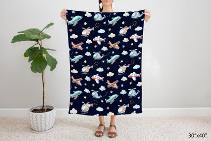 Airplane baby blanket, Airplanes nursery bedding - Night Flight