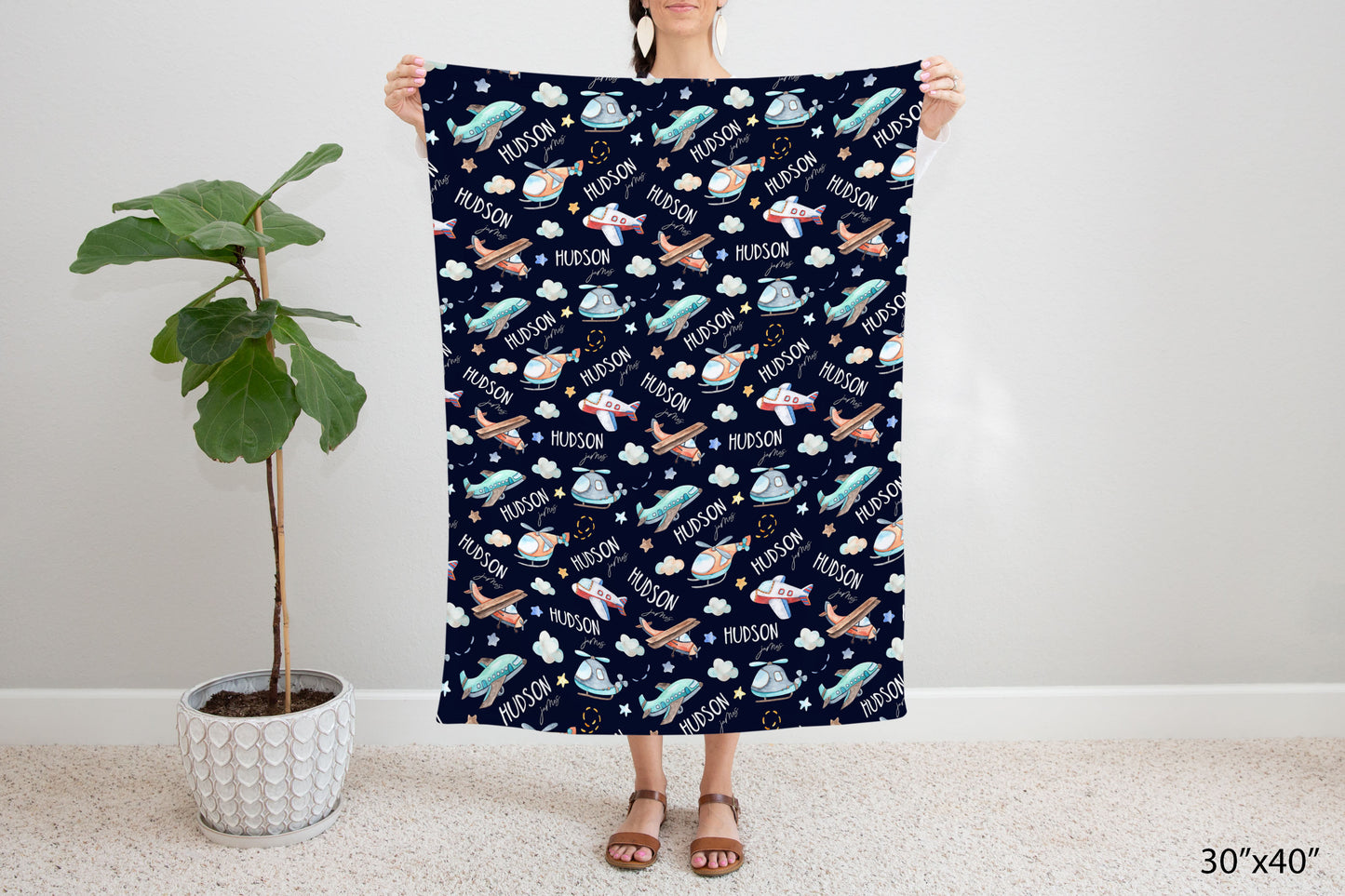 Airplanes Personalized Minky Blanket, Aviator Nursery Bedding - Night Flight