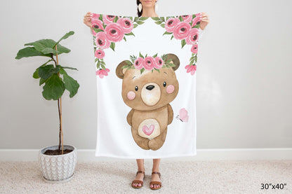 Floral Bear Minky Blanket - Girl Bear Nursery Bedding - Beary Pink