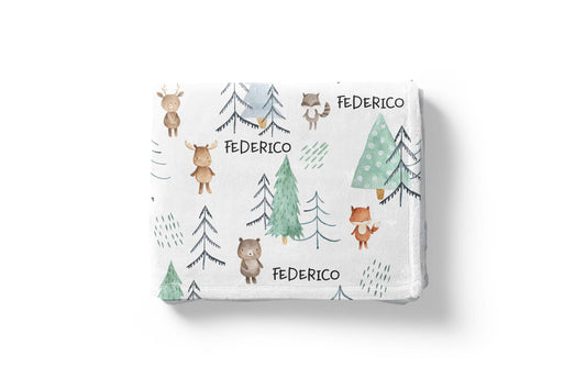 Woodland animals Personalized Minky Blanket, Forest Nursery Bedding - Scandi Woodland