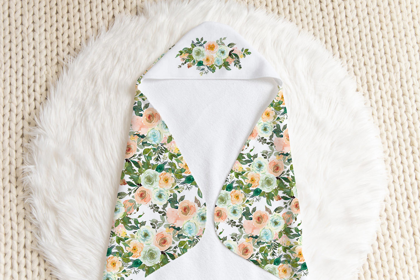 Floral Hooded Baby Towel, Baby Girl Bathroom Towel - Peach Mint Garden