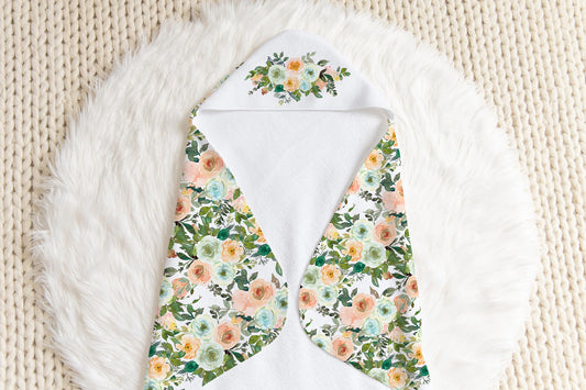 Floral Hooded Baby Towel, Baby Girl Bathroom Towel - Peach Mint Garden